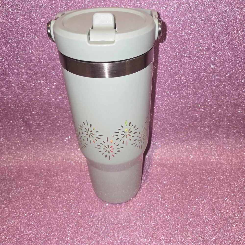 Stanley Travel Tumbler with Silver Band and Floral Pattern in Pale Green - Picture 3 of 9